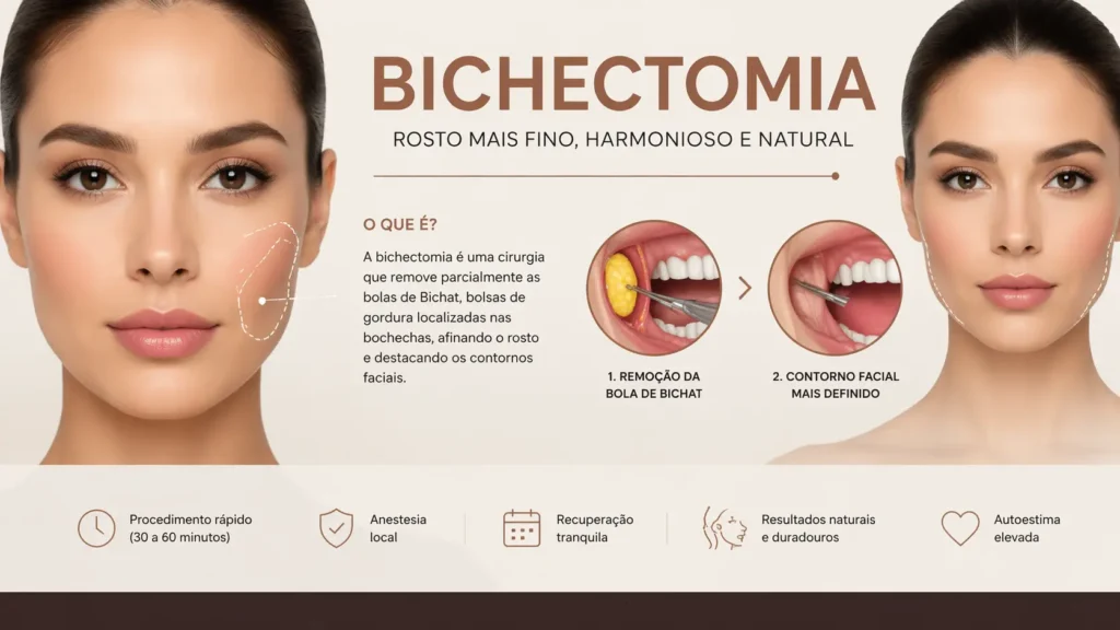 Infográfico sobre bichectomia, apresentando o título 'O Guia Completo sobre a Cirurgia das Bochechas' e elementos visuais que indicam a redução do contorno facial.