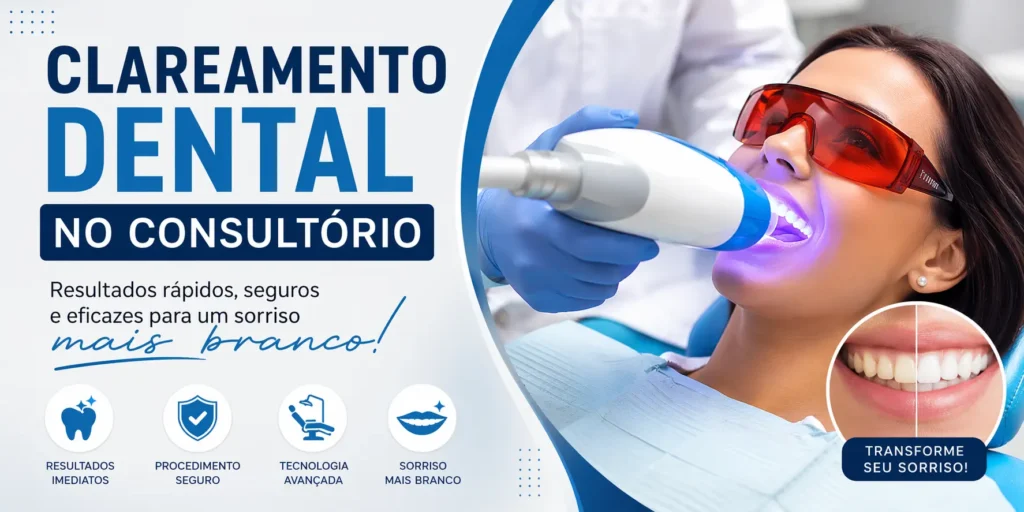 Banner com o título 'Clareamento Dental no Consultório: Guia para o Sorriso Ideal', ilustrado com uma pessoa sorrindo e ferramentas odontológicas de clareamento.