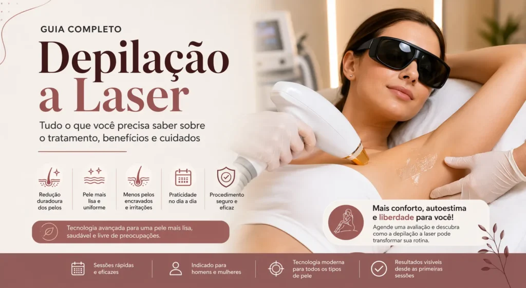Infográfico ou texto intitulado Guia Completo de Depilação a Laser, destacando as áreas do corpo tratadas e os principais benefícios do procedimento.