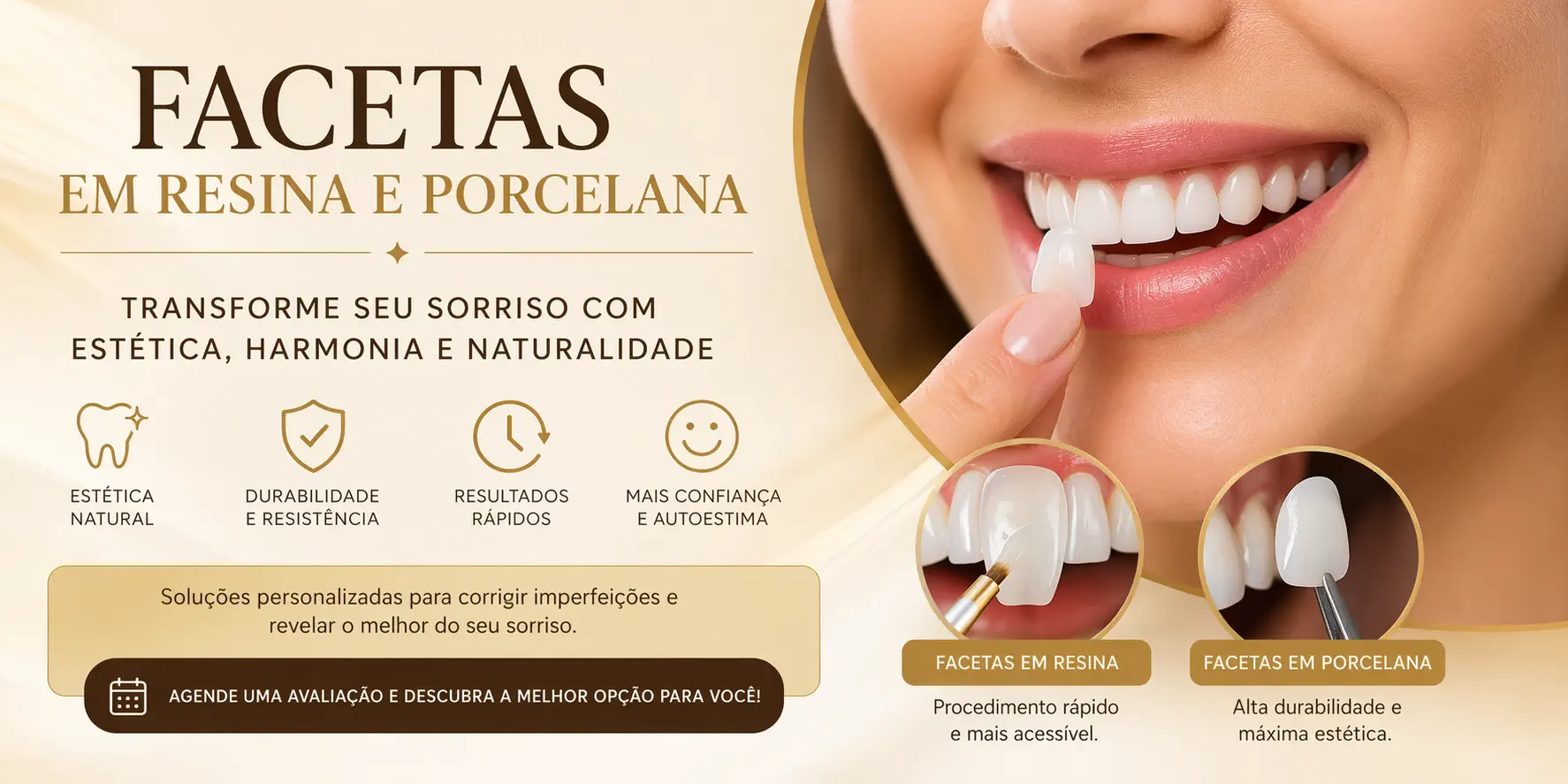Infográfico com texto intitulado Guia de escolha entre facetas de resina ou porcelana: indicações e características de cada material.