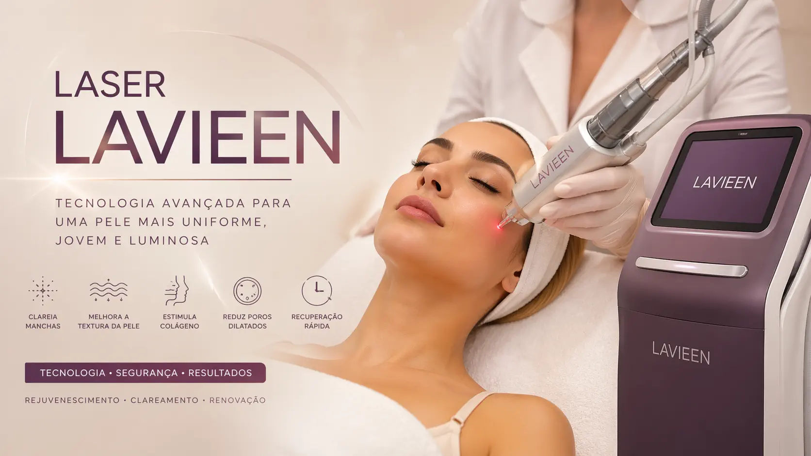 Infográfico exibindo o resultado de tratamento com Laser Lavieen mostrando o rejuvenescimento e clareamento de manchas na pele do rosto.