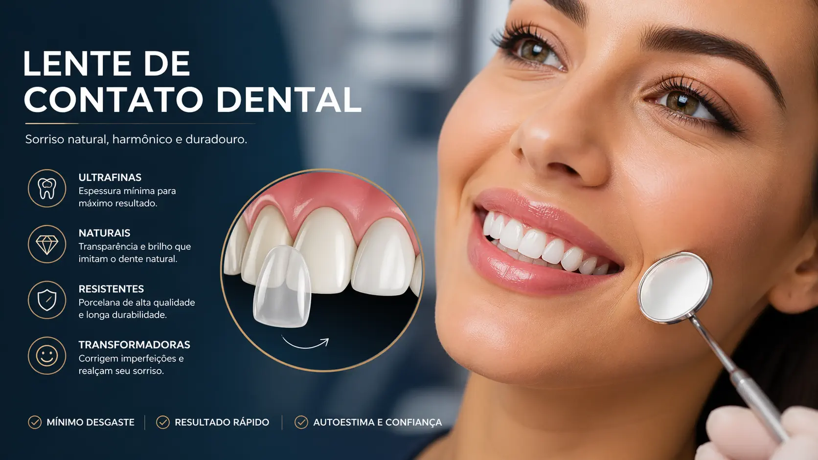 Infografico com close de sorriso harmonioso com lentes de contato dental brancas e de aparência natural.