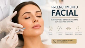 Banner com o título 'Preenchimento Facial: Guia Completo para Volume e Resultados Naturais' em um layout profissional de estética avançada.