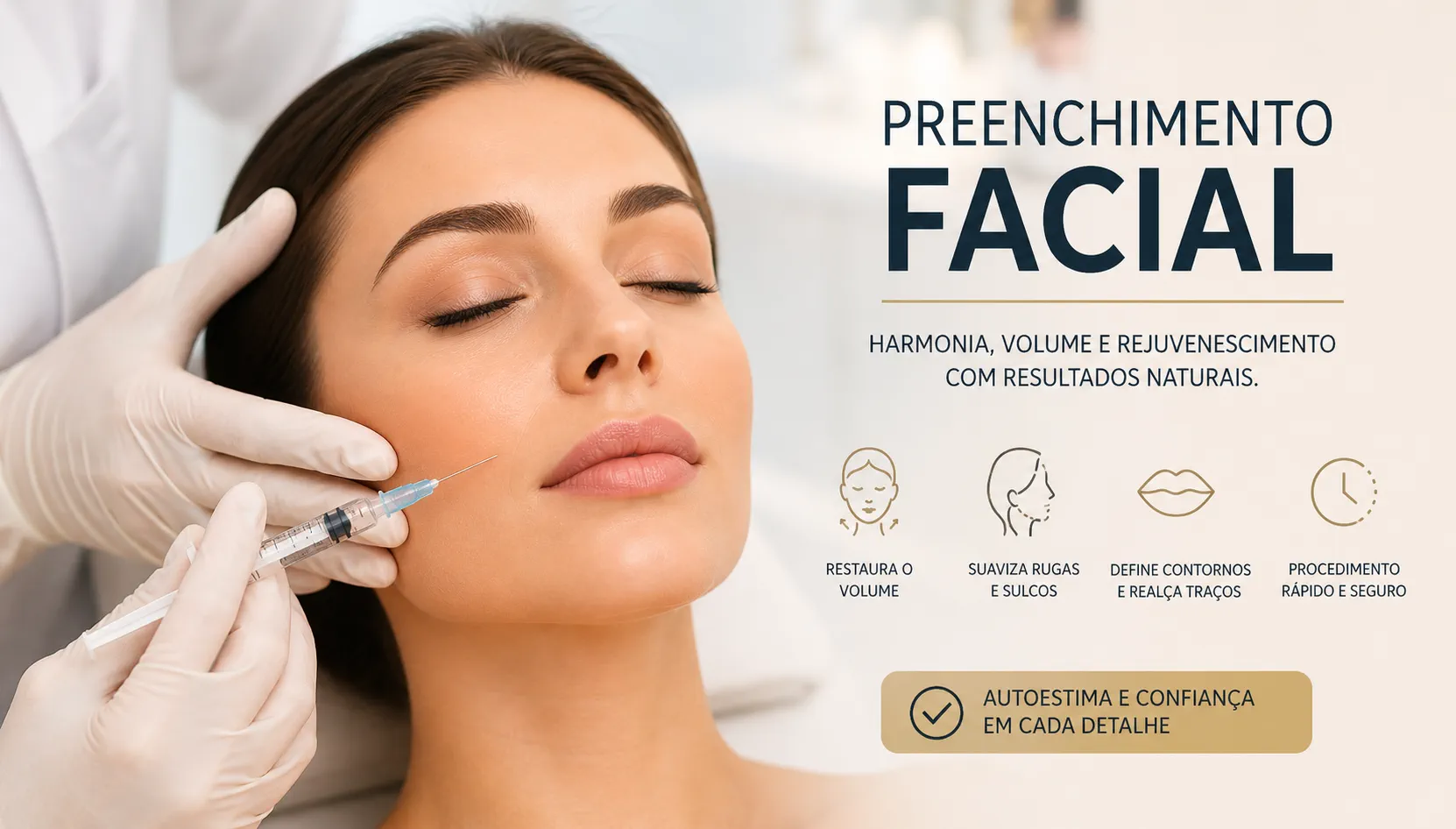 Banner com o título 'Preenchimento Facial: Guia Completo para Volume e Resultados Naturais' em um layout profissional de estética avançada.