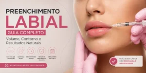 Banner informativo com o título 'Preenchimento Labial: Guia Completo para Volume e Contorno' em fundo limpo e profissional.