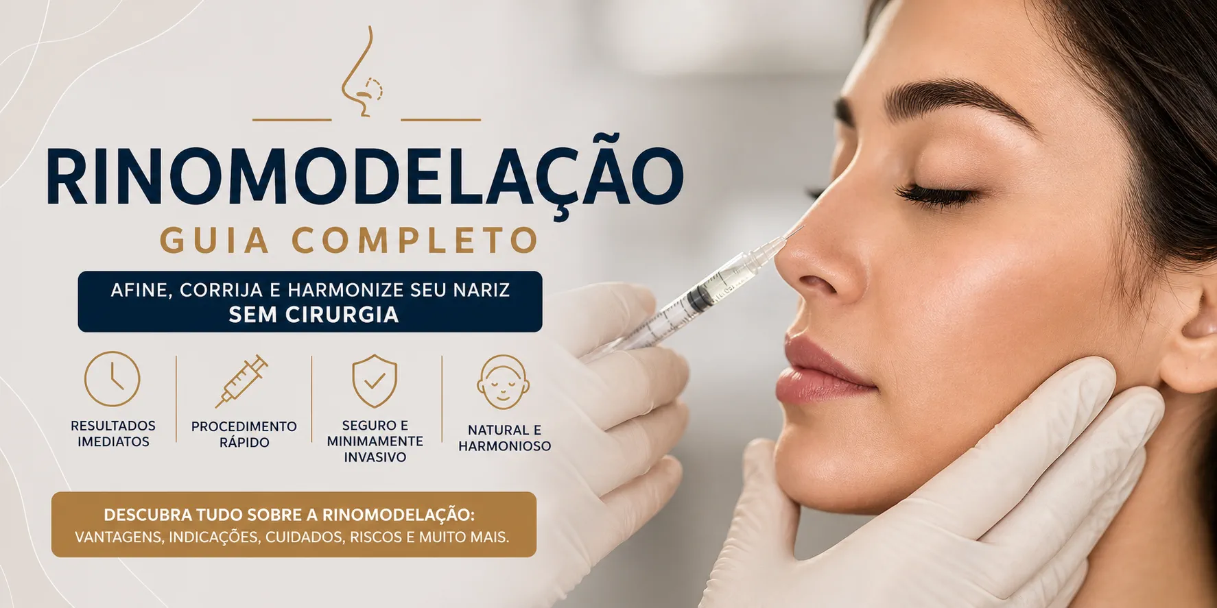 Banner informativo sobre Rinomodelação com o título 'Guia para Harmonizar o Nariz Sem Cirurgia', exibindo estética profissional e focada em resultados faciais.