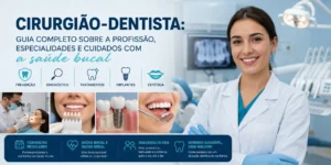 Imagem sobre cirurgião-dentista com uma dentista sorridente em consultório odontológico, ícones de prevenção, diagnóstico, tratamentos, implantes e estética, além de textos sobre saúde bucal e qualidade de vida.