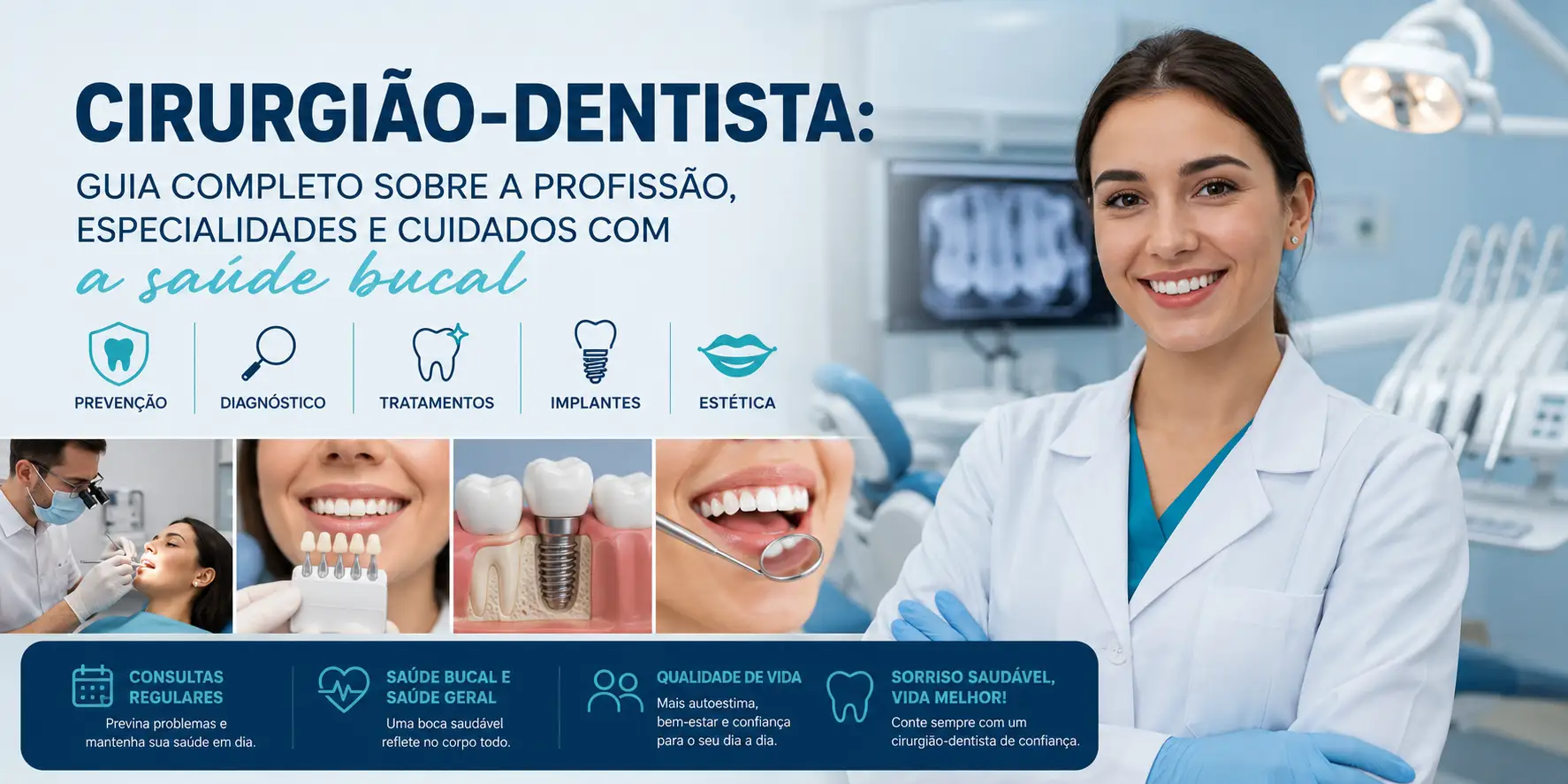 Imagem sobre cirurgião-dentista com uma dentista sorridente em consultório odontológico, ícones de prevenção, diagnóstico, tratamentos, implantes e estética, além de textos sobre saúde bucal e qualidade de vida.