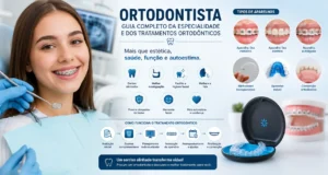 Imagem promocional de ortodontia com guia do ortodontista e tipos de aparelhos, mostrando uma paciente com aparelho fixo na clínica e ilustrações de tratamentos e etapas do processo.