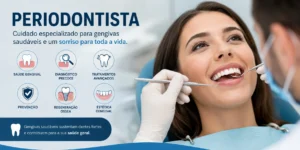 Imagem de odontologia com a mensagem “periodontista”. Paciente sorri enquanto o dentista faz exame na boca, ícones sobre saúde gengival, diagnóstico, tratamentos avançados, prevenção, regeneração óssea e estética gengival.