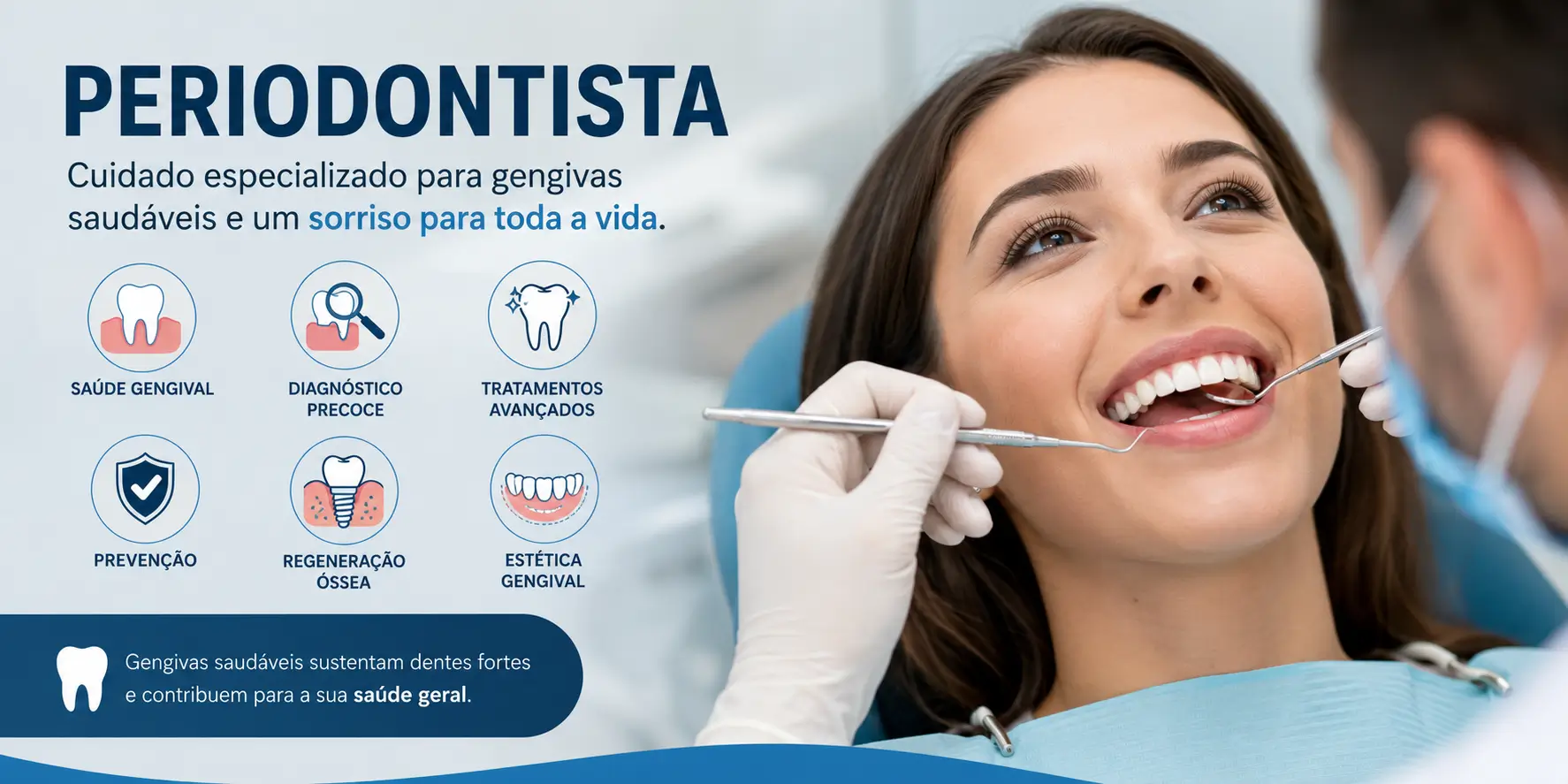 Imagem de odontologia com a mensagem “periodontista”. Paciente sorri enquanto o dentista faz exame na boca, ícones sobre saúde gengival, diagnóstico, tratamentos avançados, prevenção, regeneração óssea e estética gengival.