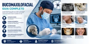 Infográfico sobre bucomaxilofacial com cirurgião no centro, imagens de radiografia e planejamento digital, e tópicos como extração de siso, fraturas e implantes.