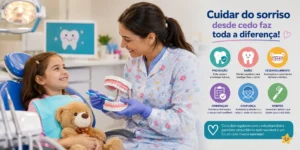Dentista cuidando do sorriso de uma criança no consultório odontológico, com modelo de dentes e luvas azuis, enquanto a menina sorri.