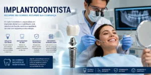 Paciente sorrindo em cadeira odontológica com dentista usando máscara, luvas e ferramentas ao lado de um implante dentário e raio-x, com texto sobre o implantodontista.