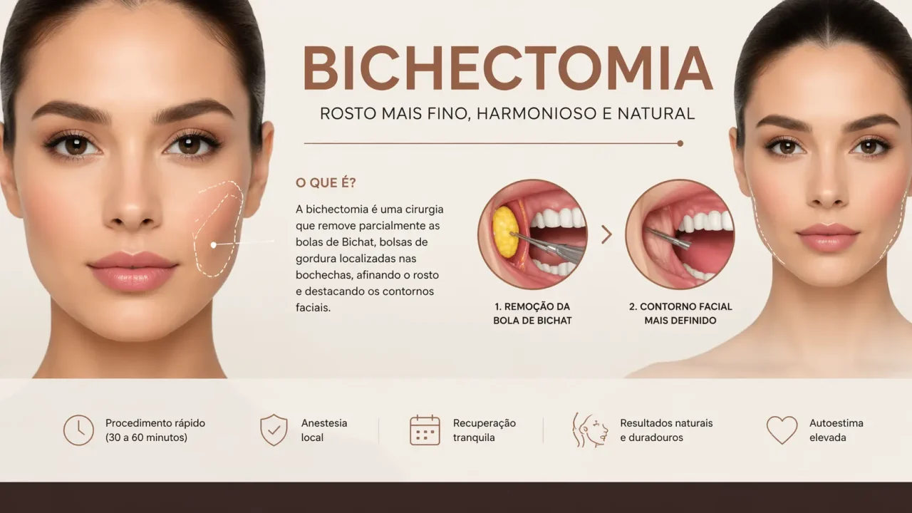 Infográfico sobre Bichectomia: o guia completo sobre a cirurgia plástica para redução das bochechas e afinamento do rosto.